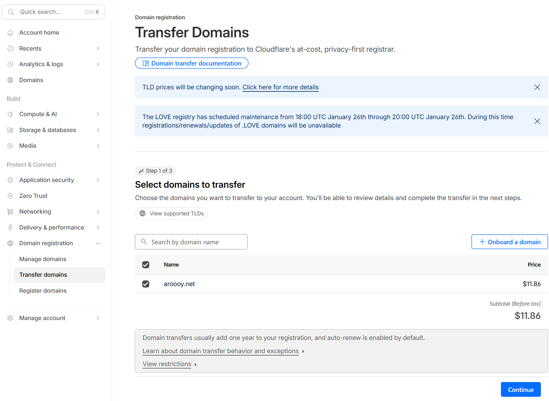 画像11-1：Cloudflareで移管可能なドメインを選択